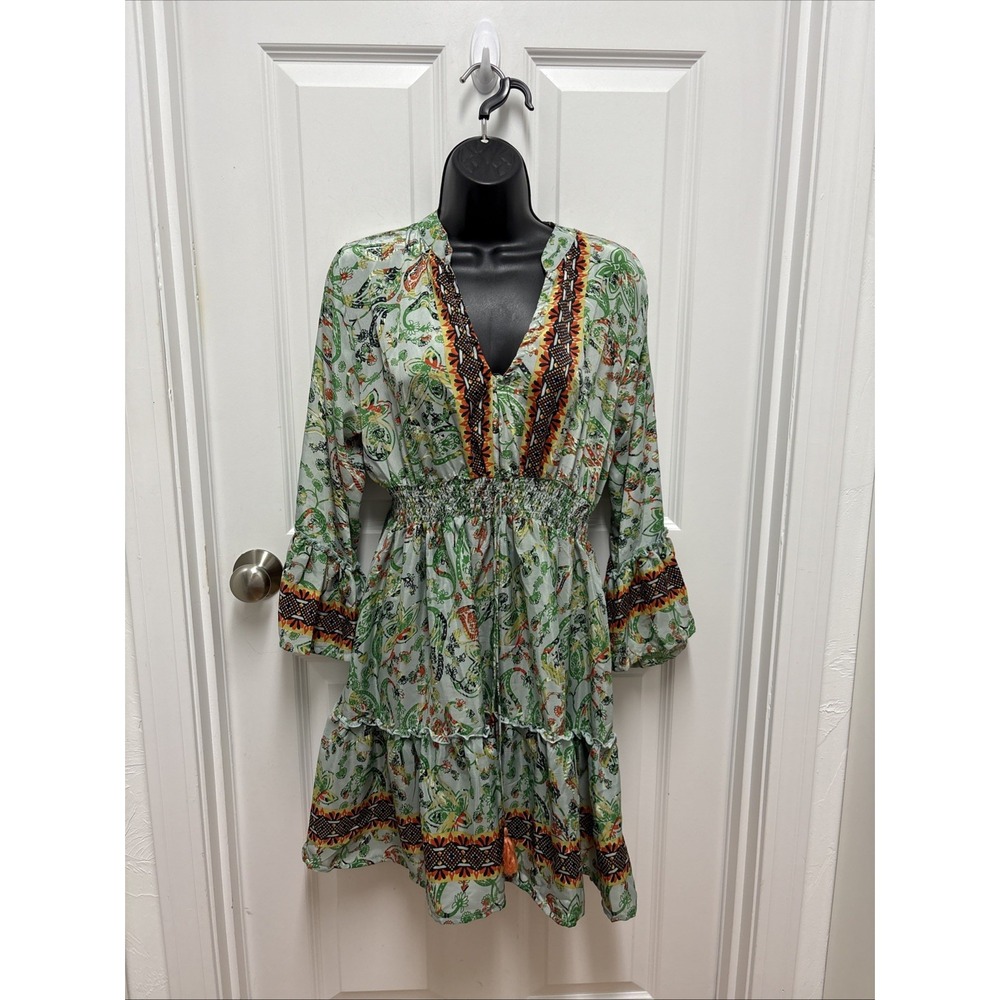 Zury Silk Blend Paisley‎ Mini Dress Green Orange Smocked Waist Tassel Free Size